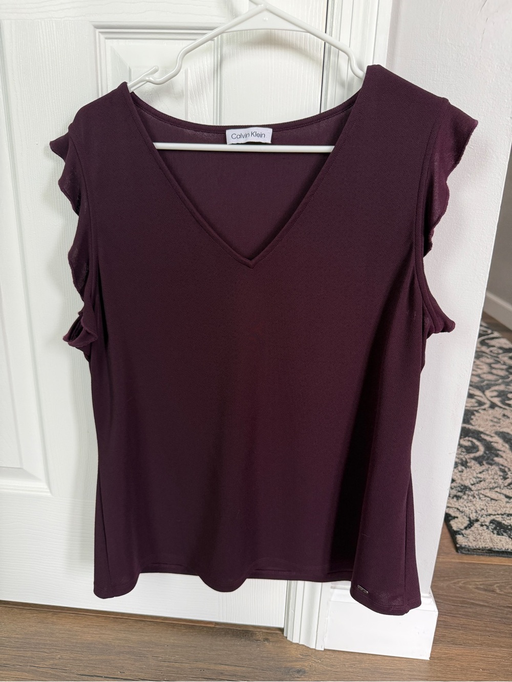 Calvin Klein Women's V-Neck Ruffle Cap Sleeve Tank Top in Plum